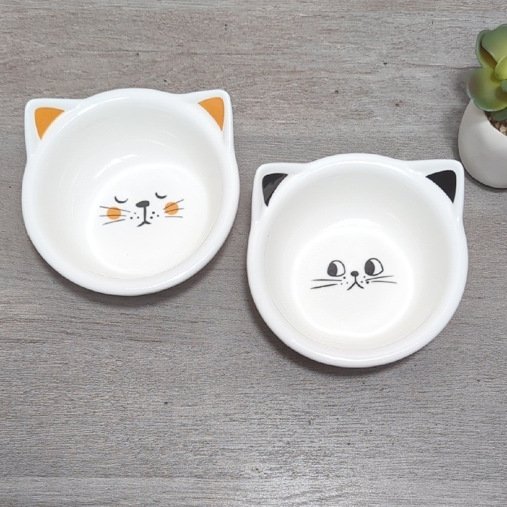 Vtg Cat Face Ceramic Pet Bowls Trinket Trays White Black Retro Heavy Duty Pair 2